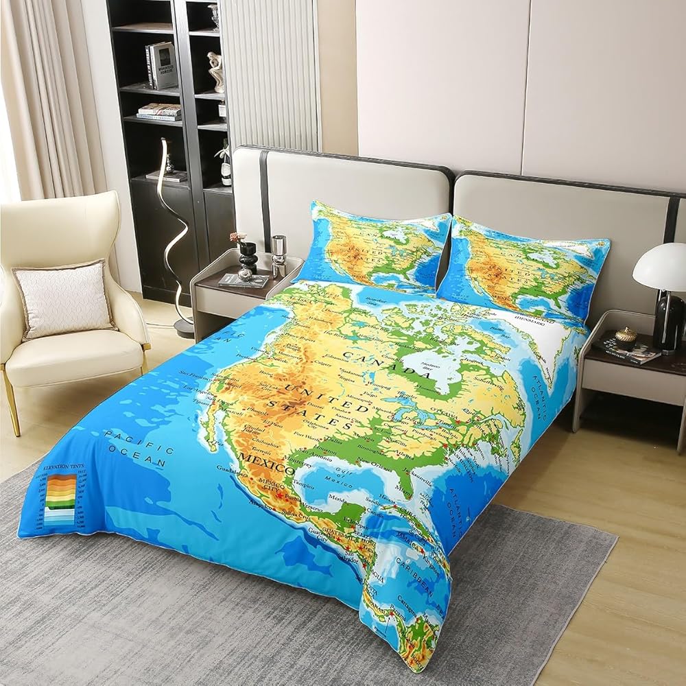 Homemissing Carte du Monde 100% Coton Housse de Couette 220x240cm Monde illuminé Coton Suite Coton Chambre à Coucher Voiture réversible Continental National Marine Literie Set topographie : Cuisine et Maison