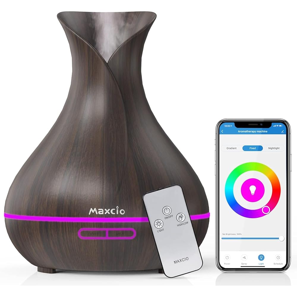Maxcio Diffuseur d'Huiles Essentielles WiFi, Humidificateur d'Air Compatible avec Alexa et Google Home, Diffuseur Électrique Connecté avec Lumières Colorées, Minuterie et Contrôle à Distance sur l’APP : Hygiène et Santé