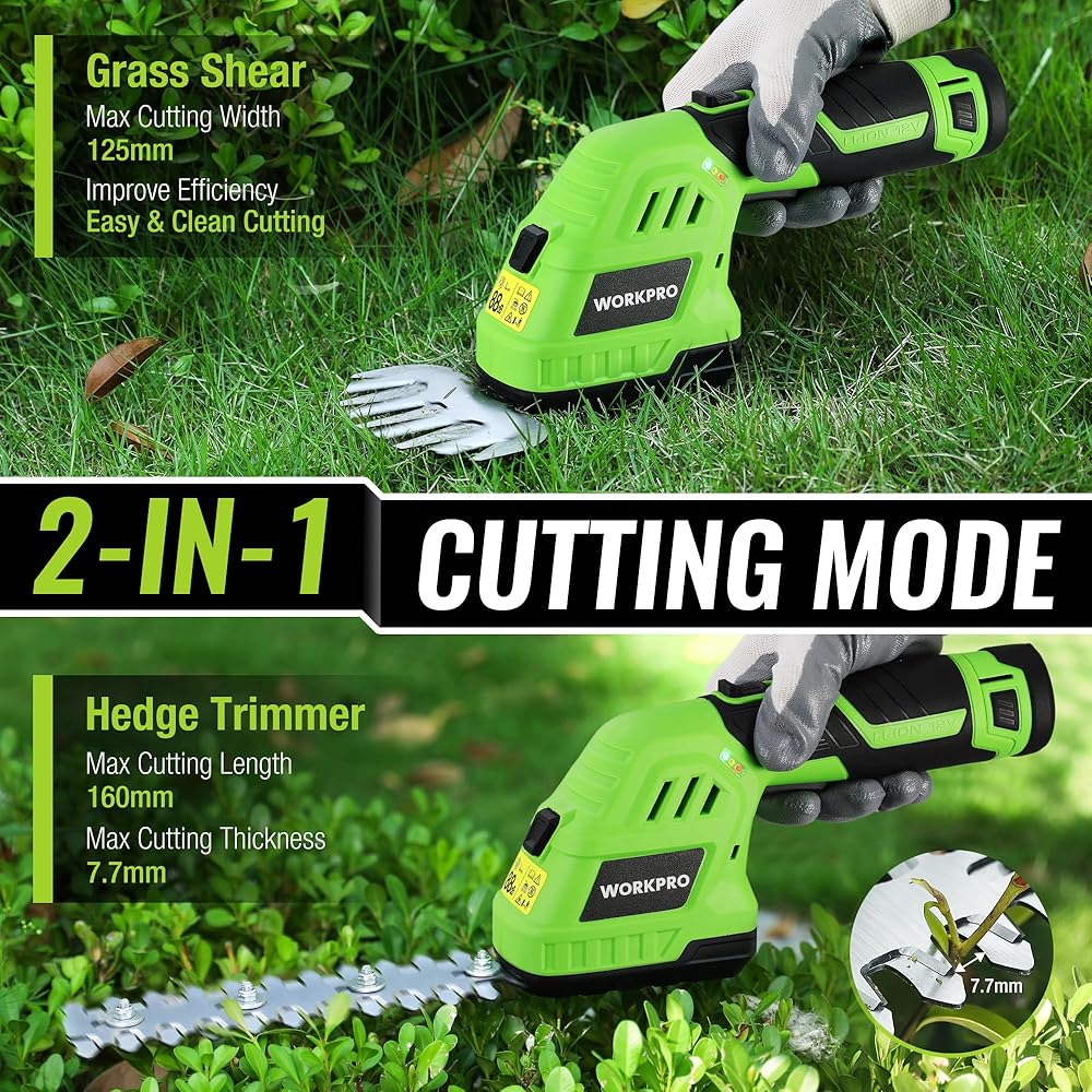 WORKPRO Cisaille Sculpte-Haie Electrique, Taille-Herbes sans Fil 12V, Taille Haie Batterie 2000mAh, avec 2 Lames, Cisaille à Gazon Léger pour Coupe, Elagage, Noir & Vert : Jardin