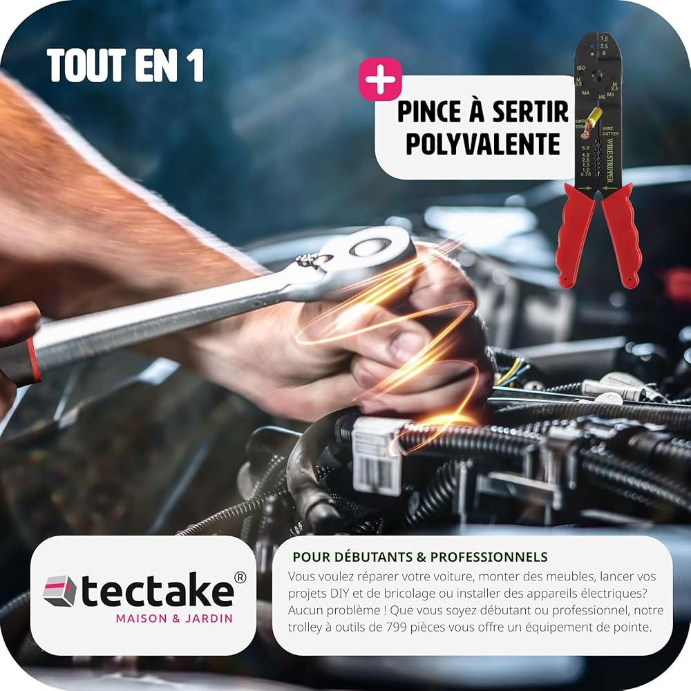 tectake® Caisse à outils sur roulettes Boîte à outils en Aluminium 799 Pièces 3 Compartiments, Rangement atelier Outillage à main Bricolage Embout visseuse Kit tournevis Rangement visserie : Bricolage