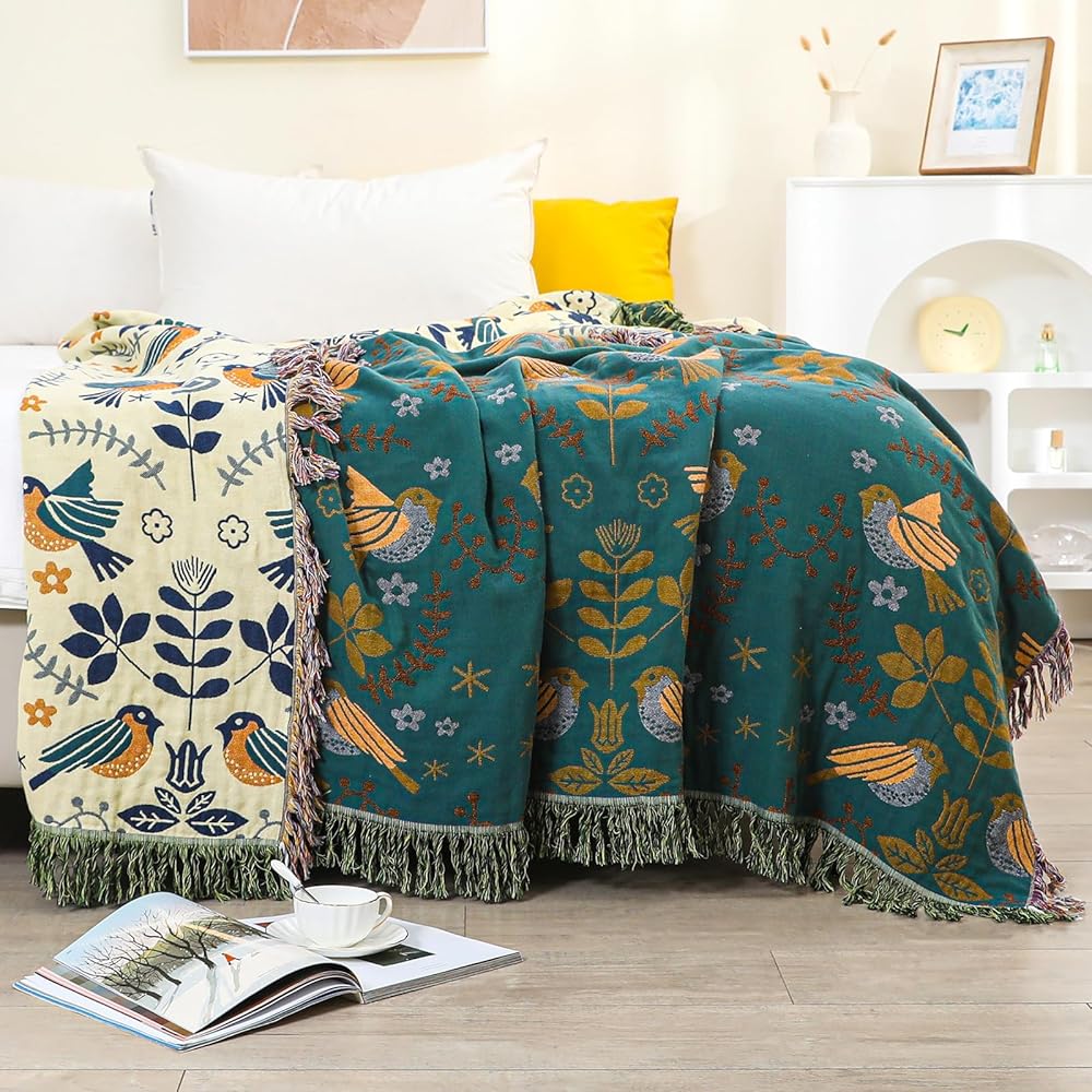 HOORDRY Couverture tissée 100 % coton avec franges, couvre-lit boho double face, 200 × 230 cm, bleu/beige, noble et douillet pour regarder la télé, plaid de fauteuil, couverture réversible : Cuisine et Maison