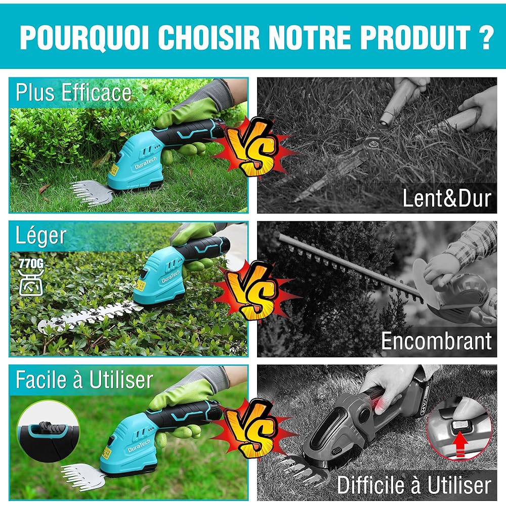 DURATECH Cisaille Sculpte-Haie Électrique et Taille-Herbes Téléscopique sans Fil 12V, Cisaille à Gazon 2 en 1, Largeur/Longueur de Coupe 12/16 cm, Batterie 2000mAh, pour Coupe, Élagage, Bleu & Noir : Jardin