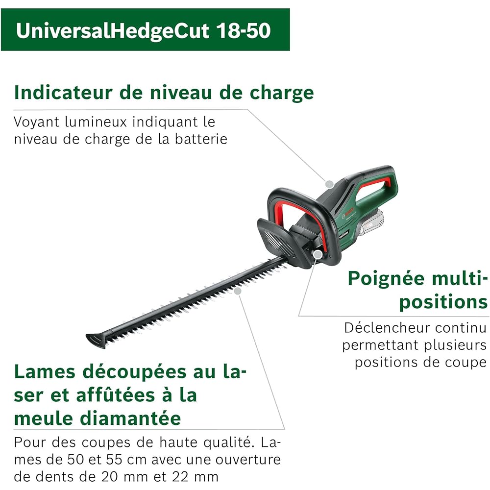 Bosch Home and Garden Taille-Haies sans Fil UniversalHedgeCut 18V-50 (sans Batterie, système 18V, Moteur Brushless, Longueur de la Lame : 50 cm, avec Gants de Jardinage XL, dans Une boîte en Carton) : Jardin