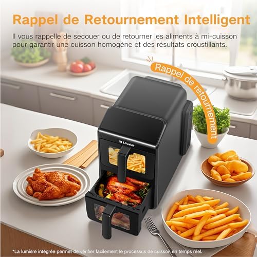 LLIVEKIT Friteuse sans huile 10L, 2 cavités 12-en-1 avec rôtissoire