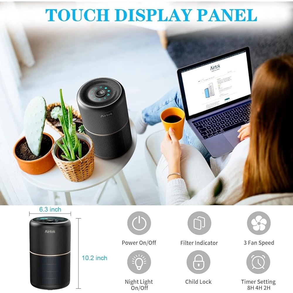 AIRTOK Purificateur d'Air, H13 HEPA Purificateur éliminant 99,97% de la poussière, de la fumée et des odeurs d'animaux, Air Purifier avec éponge parfumée, veilleuse, 3 niveaux de vitesse, Time : Cuisine et Maison