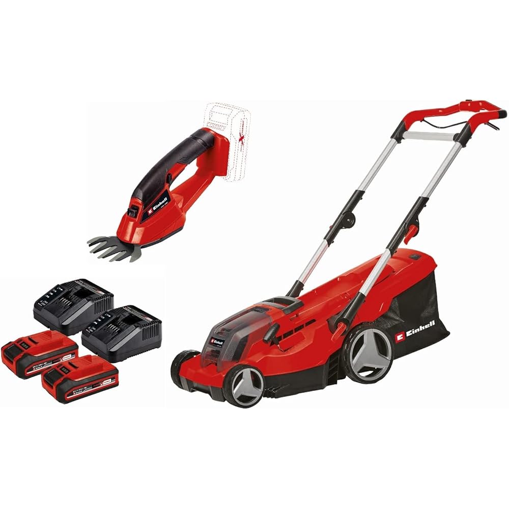 Einhell Tondeuse à gazon sans fil GE-CM 36/37 Li + Cisaille à gazon sans fil GE-CG 18/1 Li Power X-Change (18 V, largeur de coupe 37 cm) Livré avec 2 batteries 3,0 Ah et 2 chargeurs) : Jardin
