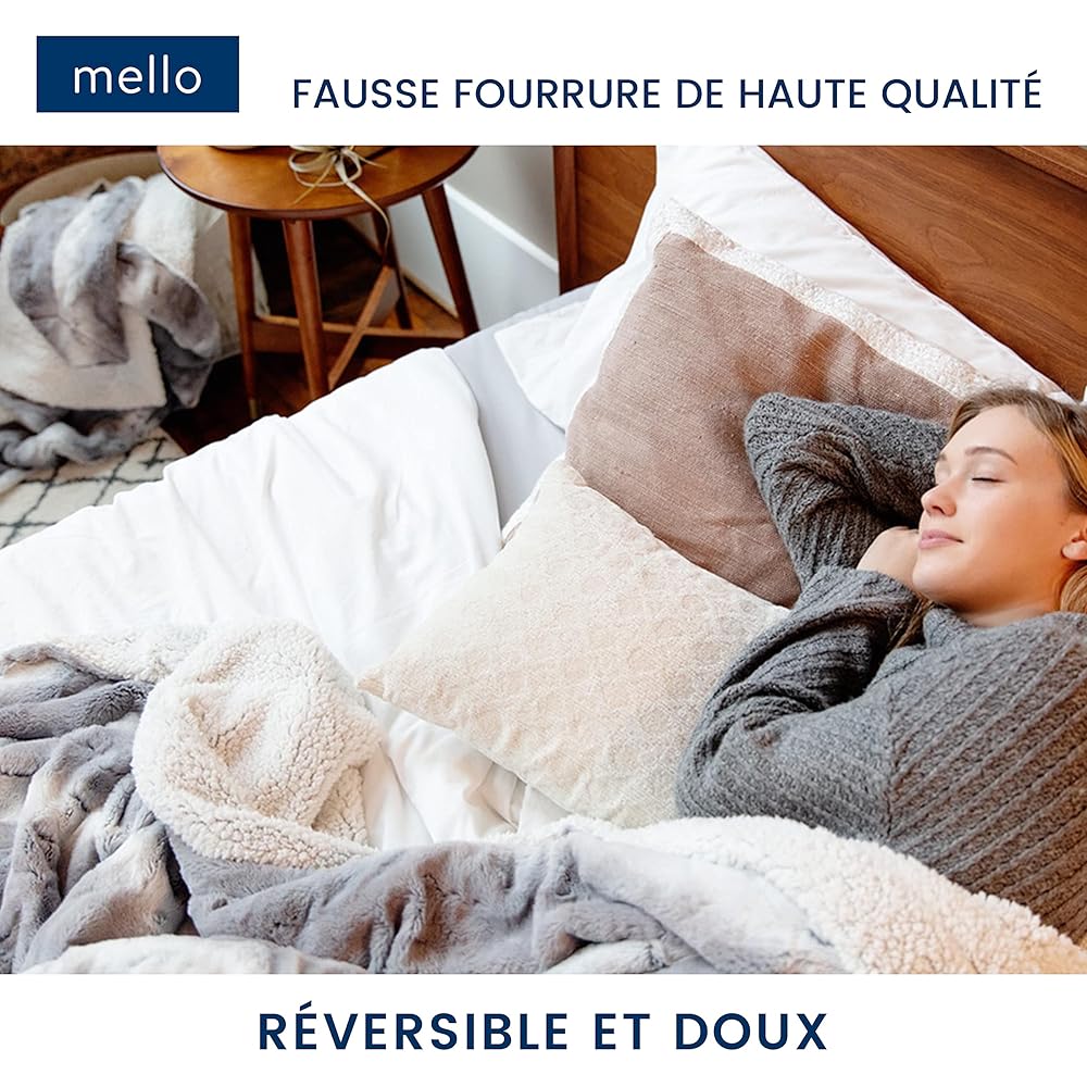 mello Plaid canape Grande Taille, Plaid Fourrure 220x240 Reversible Peau de Mouton, Couverture pour lit, Plaid Polaire Tout Doux, Couverture Polaire, Dessus de lit Lavable, Gris : Cuisine et Maison