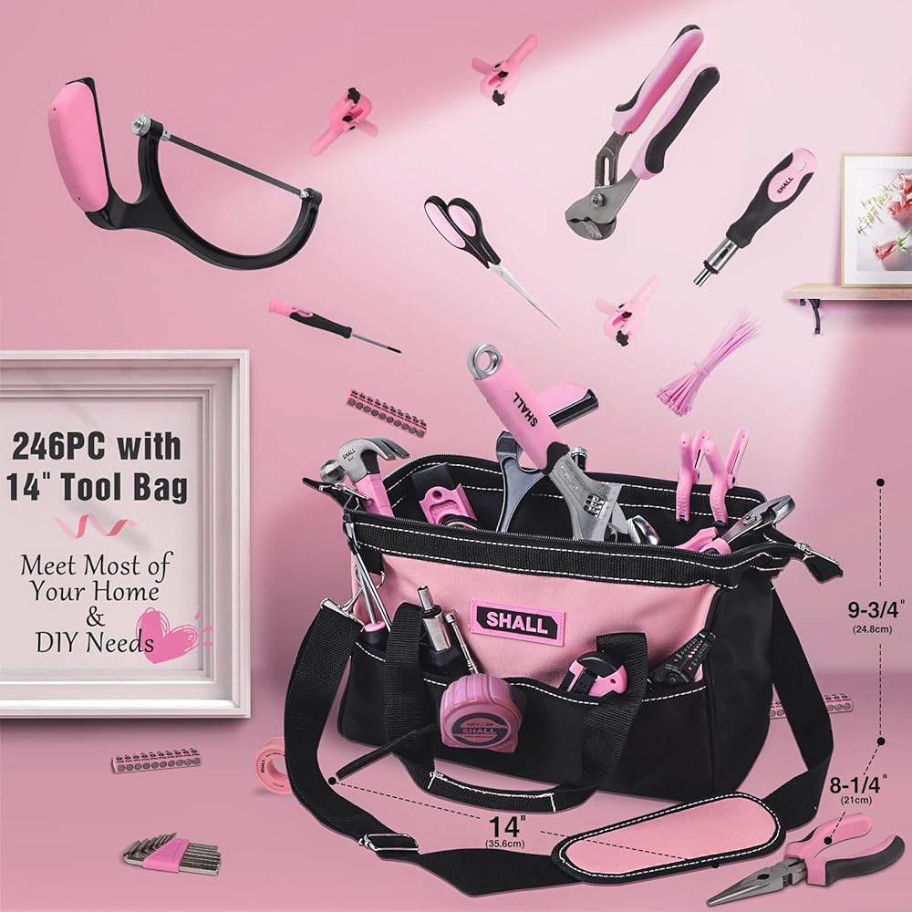 SHALL Ensemble d'outils roses de 246 pièces pour femme, trousse d'outils de base pour la maison avec sac à outils ouvert de 35,6 cm de large, ensemble d'outils à main pour la réparation, l'entretien : Bricolage