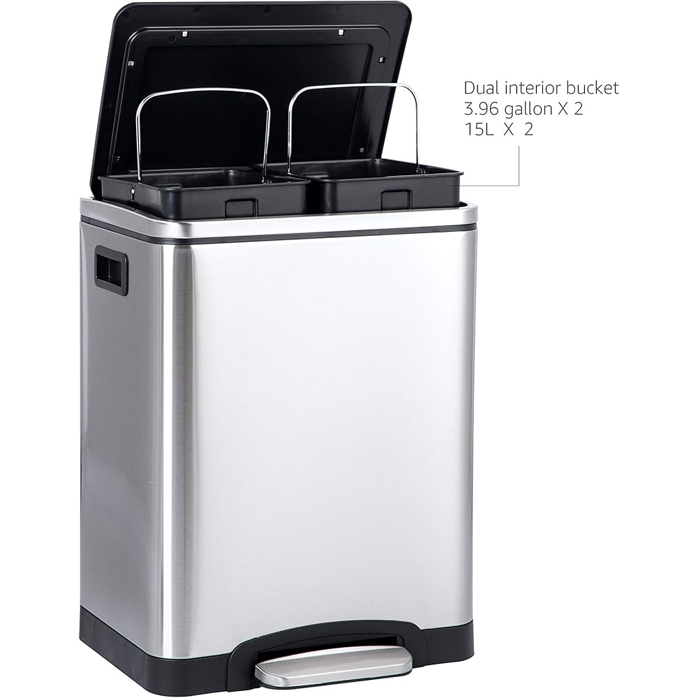 Amazon Basics Poubelle 30 L avec deux compartiments et pédale en tube d'acier - fermeture amortie avec couvercle, pour cuisine, salle de bain ou bureau, rectangulaire, satinée, en acier inoxydable : Cuisine et Maison