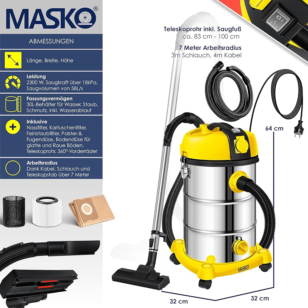 Masko Aspirateur eau et poussière 2300 W cuve en acier inoxydable avec fonction soufflage et prise électrique