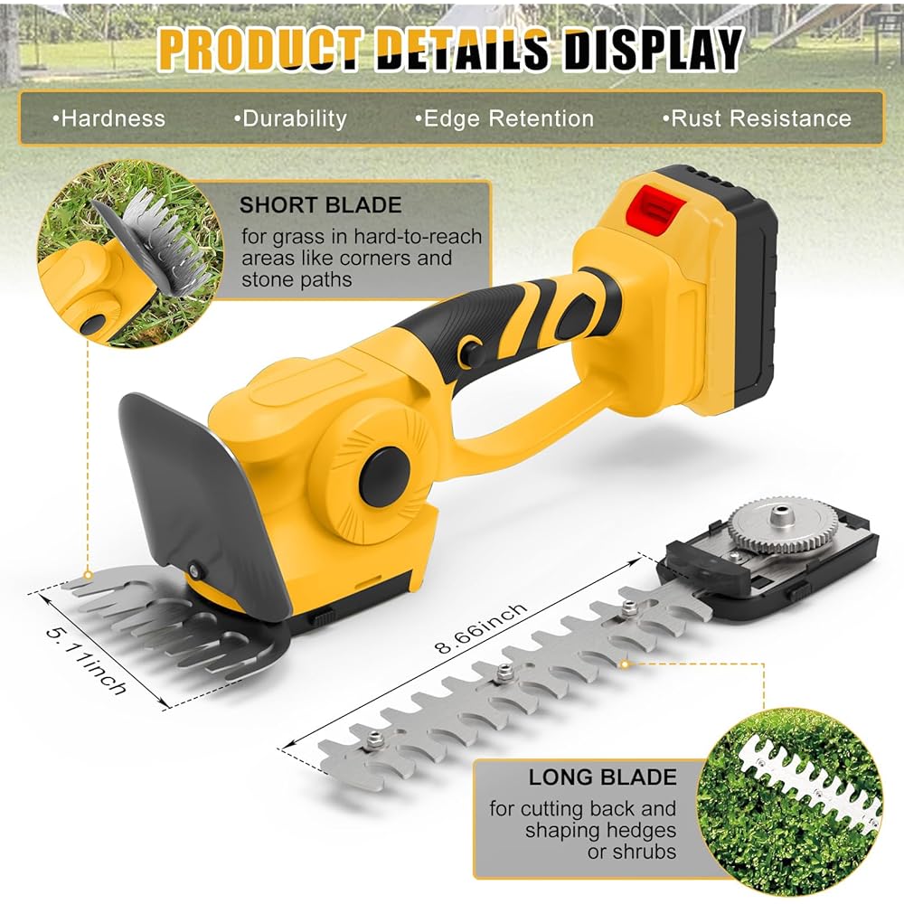 Taille-haie et cisaille à Gazon sans Fil 2 en 1, Cisaille à arbustes 60° réglable Compatible avec Dewalt 20V Batterie, Cisaille haie avec 2 Lames pour Tailler Les arbustes et l'herbe (sans Batterie) : Jardin