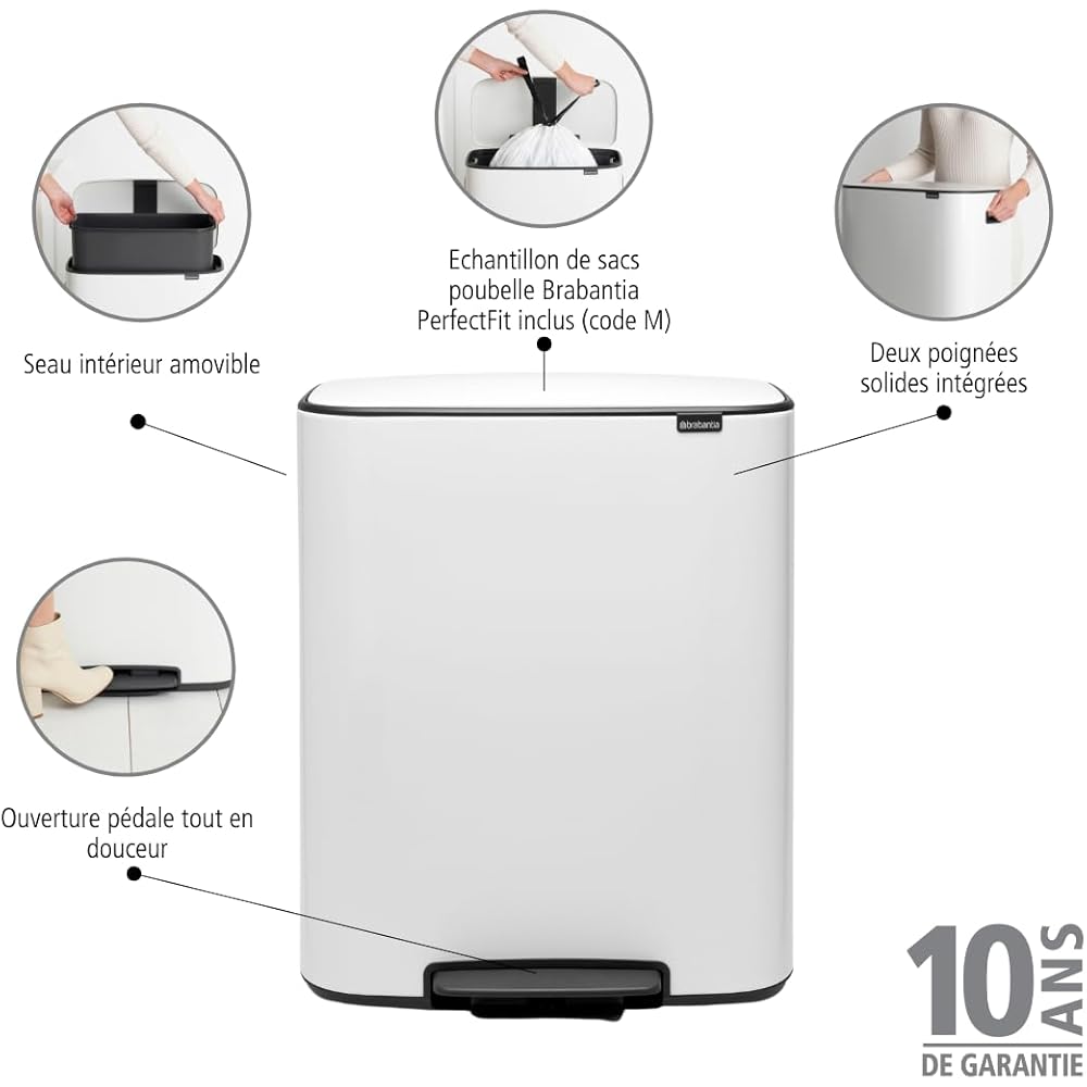 Brabantia - 211300 - Poubelle à pédale Bo, avec 1 seau intérieur, 60L - Blanc : Cuisine et Maison