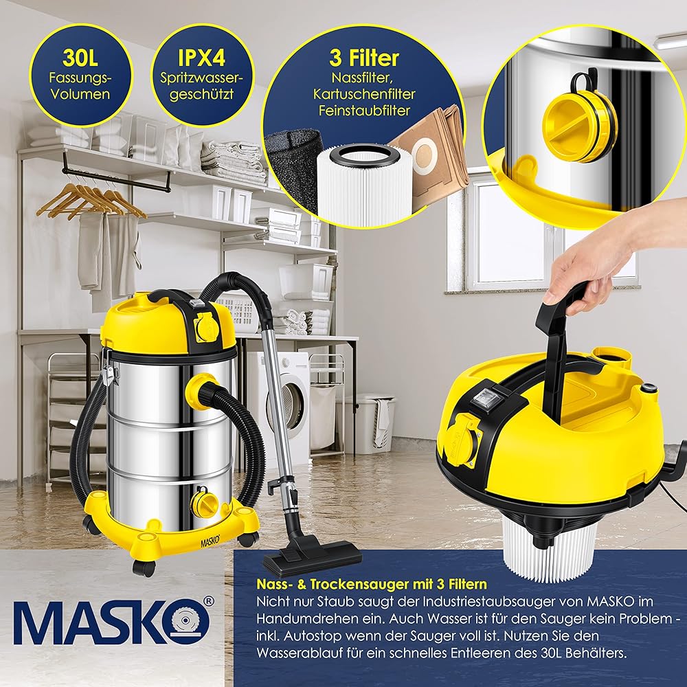 Masko Aspirateur eau et poussière 2300 W cuve en acier inoxydable avec fonction soufflage et prise électrique