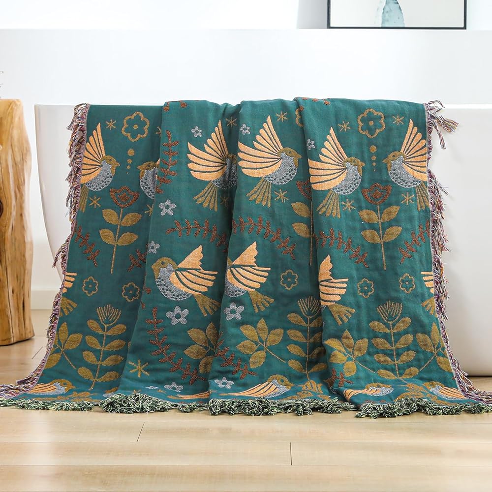HOORDRY Couverture tissée 100 % coton avec franges, couvre-lit boho double face, 200 × 230 cm, bleu/beige, noble et douillet pour regarder la télé, plaid de fauteuil, couverture réversible : Cuisine et Maison