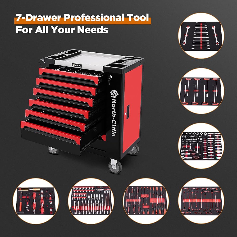 North-Cittie 7-Box XXL Edition Chariot à Outils avec 256 Pièces D'outils Professionnels, Idéal pour I'atelier, la Maison, Le Chariot Qui Vous Donne Un Monde de Bricolage Plus Ordonné : Bricolage