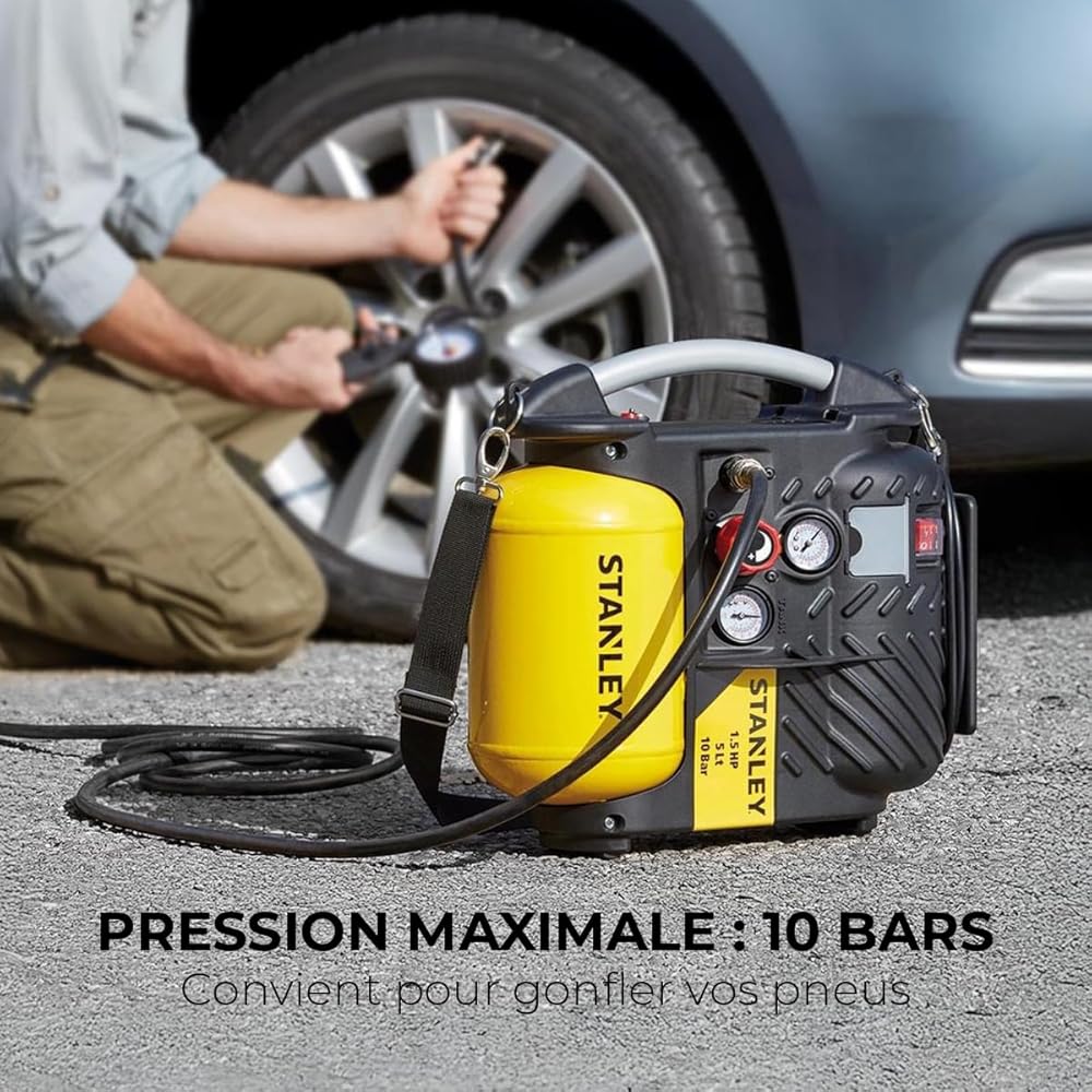 Stanley Compresseur DN200/10/5 - Compresseur à Air 10 Bar - 5L - 180L/Min - Compresseur à Air Portatif avec Poignée et Sangle de Transport - Jaune : Stanley: Bricolage