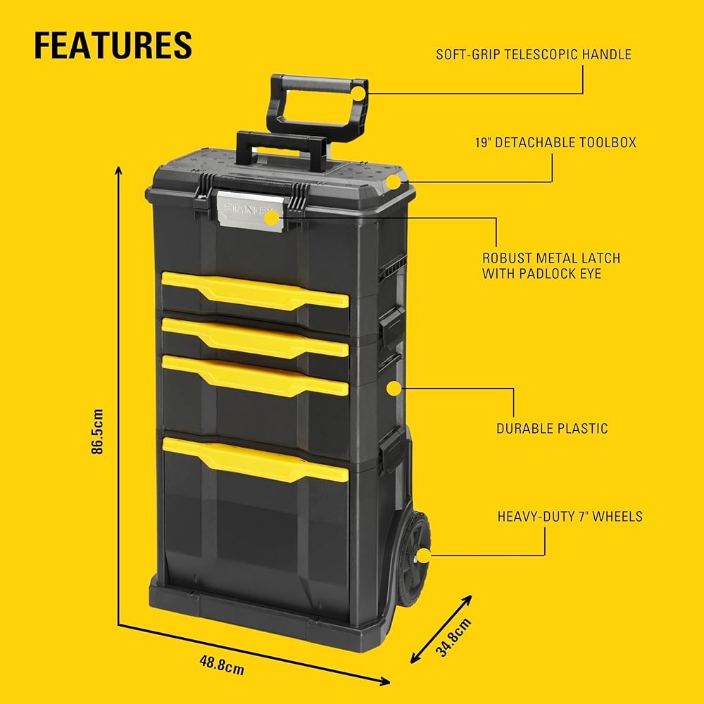 Stanley 1-79-206 Servante modulable avec 4 Tiroirs montés Sur Glissière - Système de Clips Latéraux - Poignée Télescopique - Polypropylène - Dimensions 866 x 488 x 348mm Noir : Bricolage