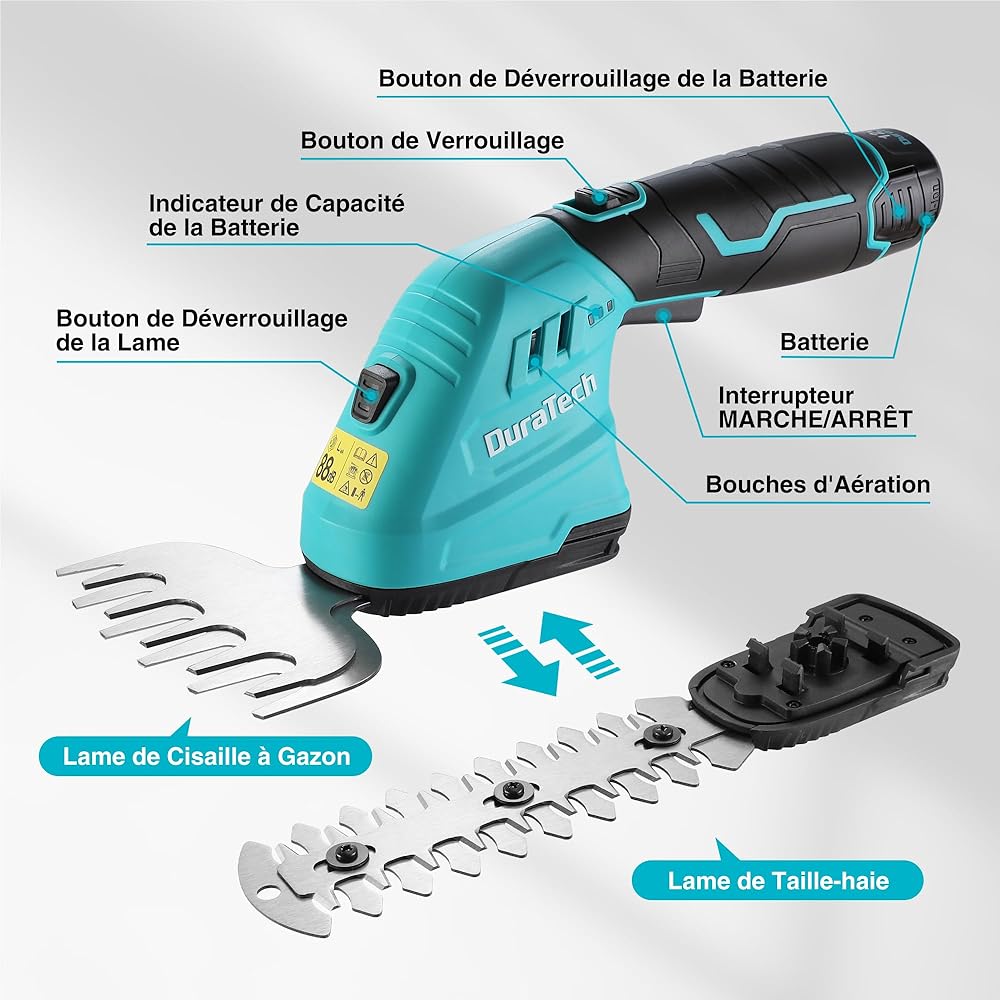 DURATECH Cisaille Sculpte-Haie Electrique, Taille-Herbes sans Fil 12V, Taille Haie Batterie 2000mAh, 2 Lames, Cisaille a Gazon Léger pour Coupe, Elagage, avec Sac Oxford : Jardin