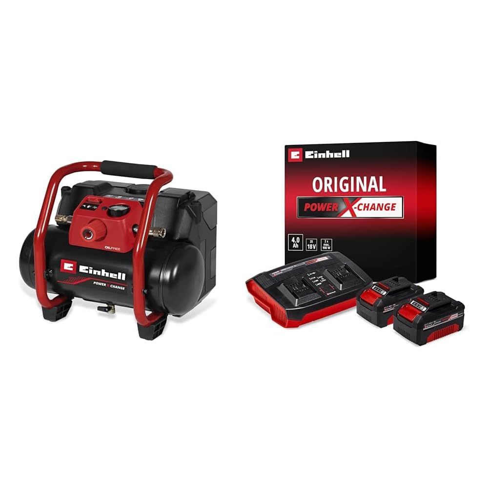 Einhell Compresseur sans fil TE-AC 36/150 Li OF-Solo Power X-Change (36V, 8 bar max., cuve de 6L, capacité de pompage de 150 L/minute, manomètre, sans lubrification) + Twincharger et 2 Batteries 4,0Ah : Bricolage