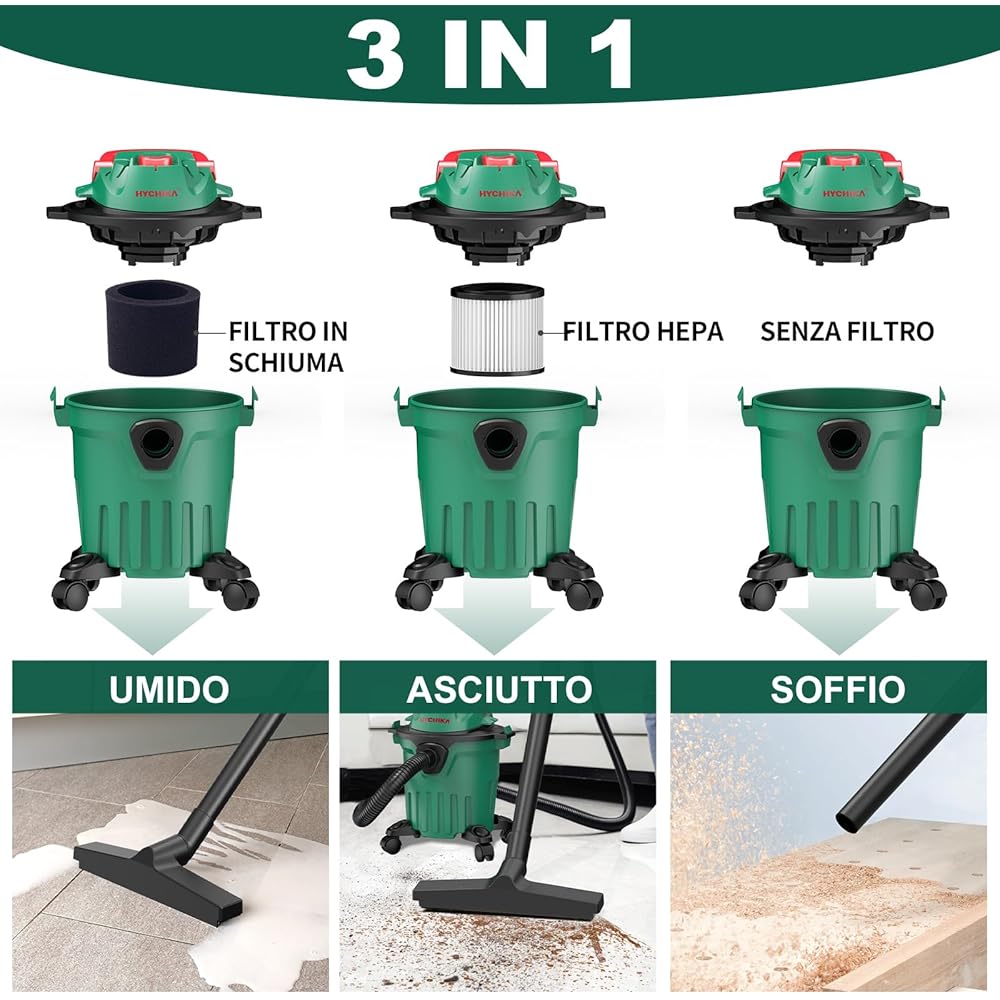 HYCHIKA 1000 W Aspirateur Eau Et Poussières, 3 en 1 Injecteur/Extracteur, Cuve : 12 l, Fonction de Nettoyage du Filtre, Fonction de Soufflage, Convient pour Les Petits nettoyages : Cuisine et Maison