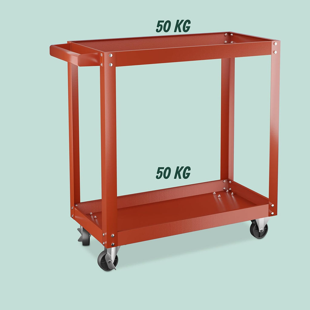 Relaxdays Chariot d'atelier, 2 Niveaux, Charge maximale : env. 100 kg, H x L x P : 76 x 78 x 35 cm, Rouge : Bricolage