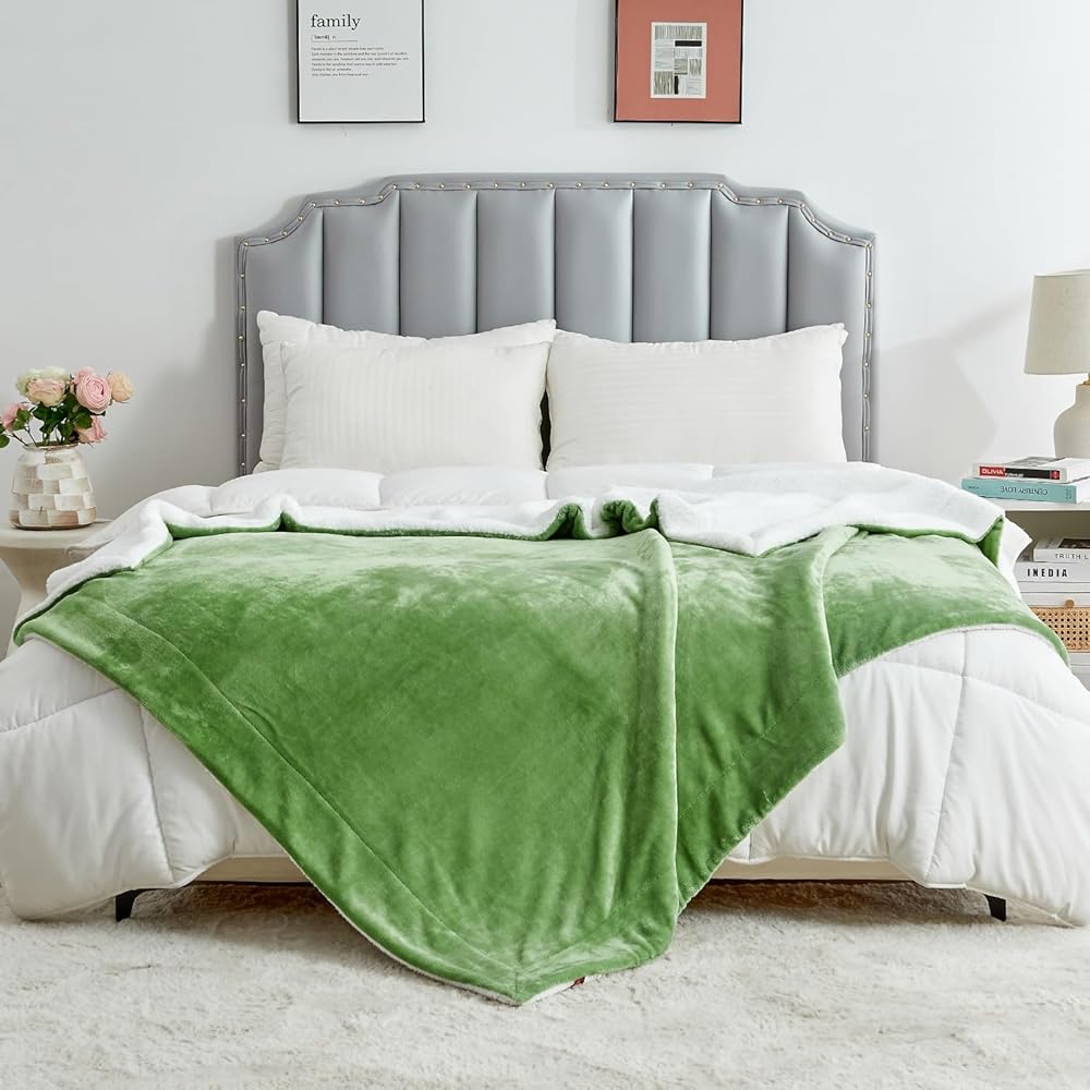 SOCHOW Sherpa Plaid Couverture Polaire Vert Sauge 220 x 240 cm, Couverture Double Face Super Douce Luxurieuse Couverture en Peluche : Cuisine et Maison