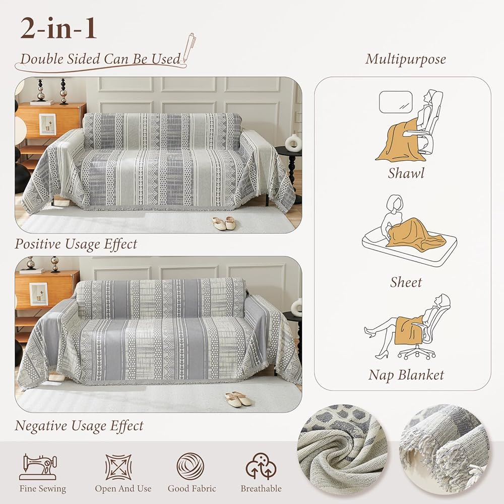 VanderHOME Housse de Canapé De Style Bohème Plaid Canape Grande Taille Chenille Jete de Canape avec Frange, Réversible Jeté de canapé,Couverture Canapé 180 * 300cm-Grau : Cuisine et Maison