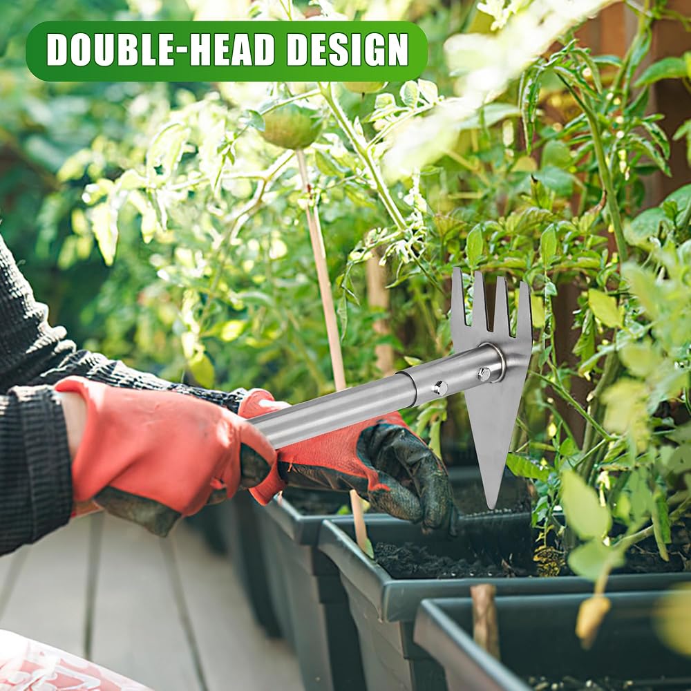 BARAYSTUS Binette à double tête - 74,9 - 146,6 cm - Manche long réglable - Outil de jardinage en acier inoxydable - Pour jardinage, plantation, désherbage, creusage, ameublissement du sol : Jardin