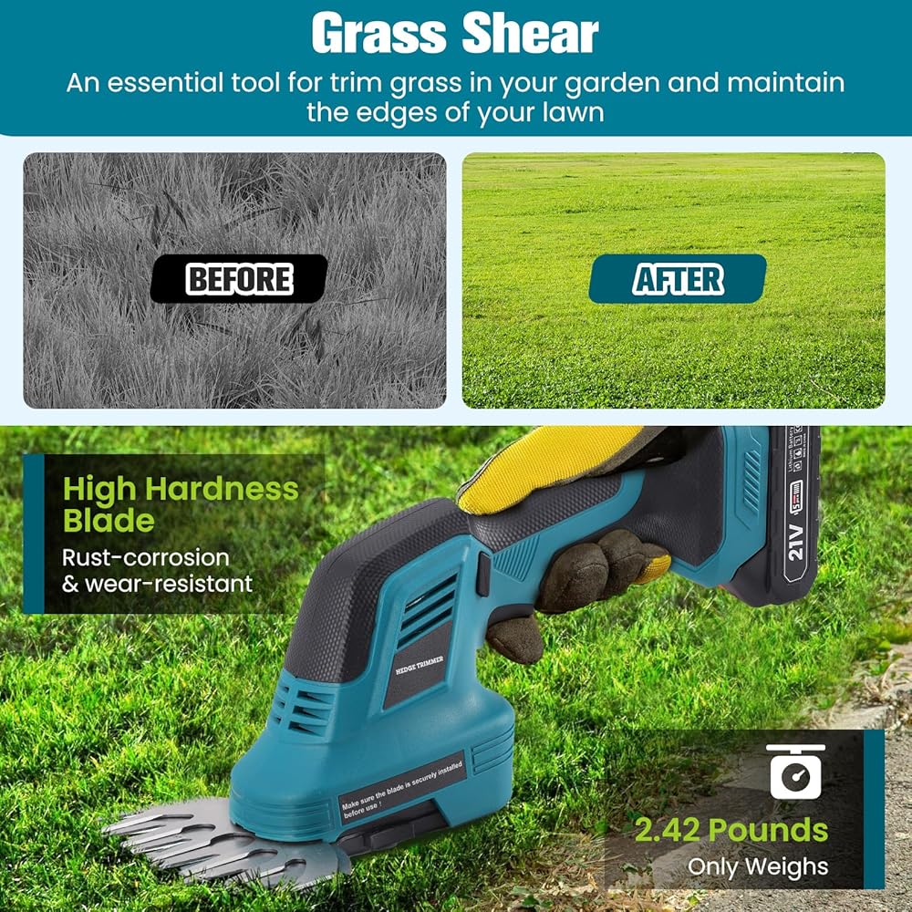 2 en 1 Taille-Haies sans Fil 21V, Cisaille à Gazon Electrique avec Batterie 2 x 1500mAh et 2 Lames, Lame Longue 31 cm/Lame Courte 15 cm, pour Jardin, Pelouse, Arbustes,Gazon : Jardin