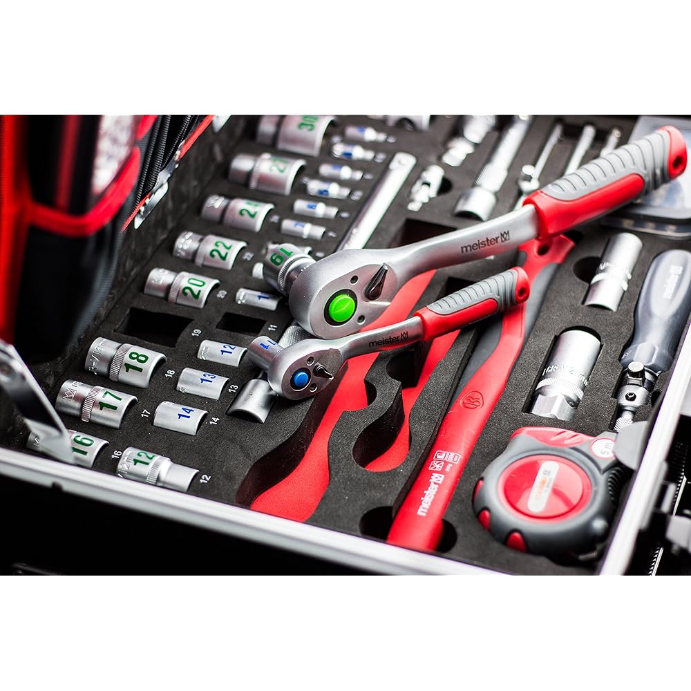Meister Chariot à outils 156 pièces - Ensemble d'outils - Avec roulettes - Poignée télescopique / Mallette à outils professionnelle remplie / Boîte à outils roulante / 8971440 : Bricolage