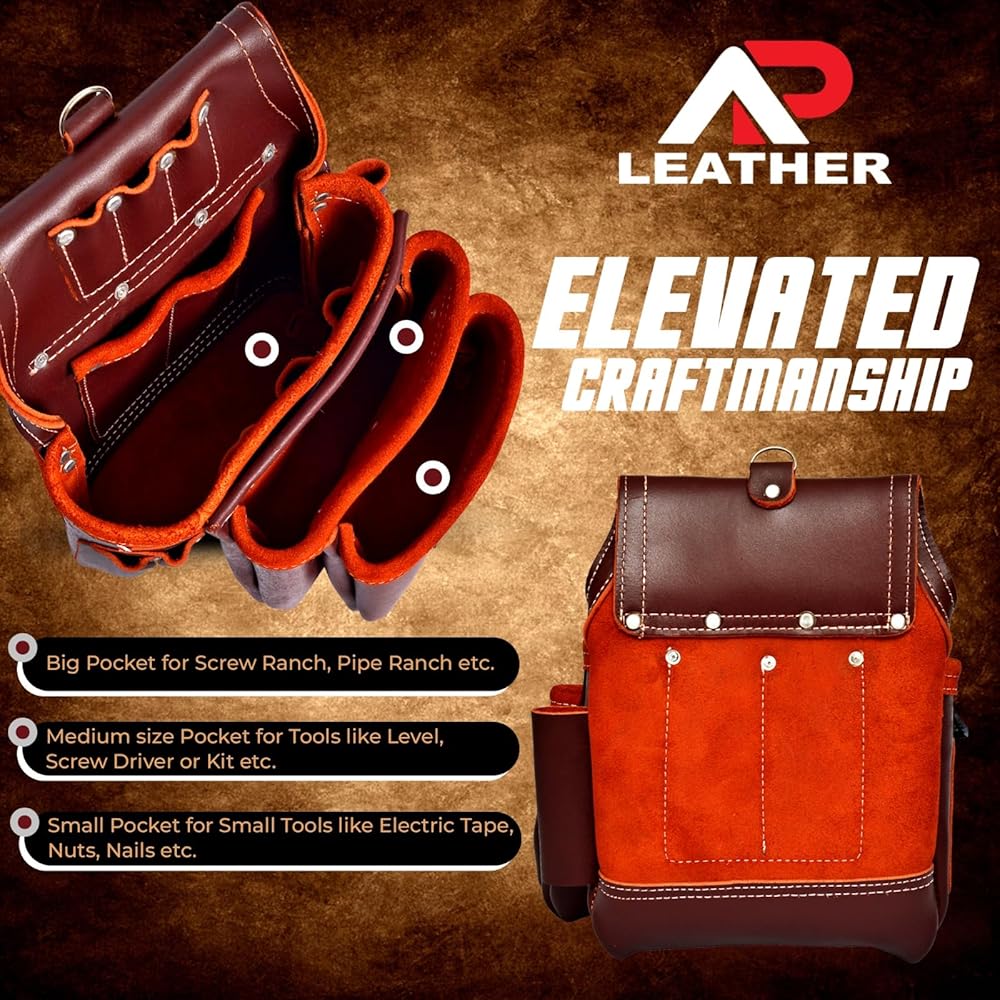 Ap-Leather Pro-302 Ceinture à outils en cuir tanné à l'huile de qualité supérieure, sac à outils de charpentier | Ceinture à outils marron, 29 poches avec 4 boucles, ceinture à outils de charpentier, : Bricolage
