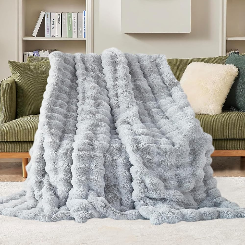 SHANNA Couverture en polaire, fausse fourrure de lapin, moelleuse et chaude, polyvalente, 1 000 g/m² d'épaisseur, 160 x 200 cm, gris clair : Cuisine et Maison