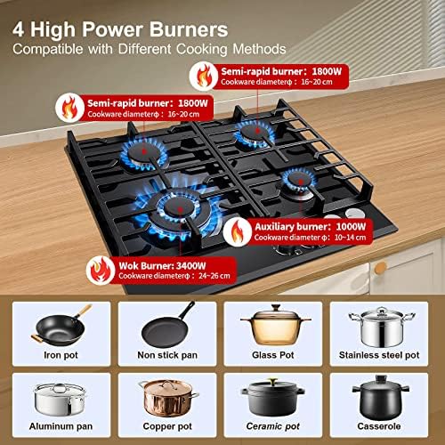 TopStrong Plaque de cuisson gaz 4 feux verre noir