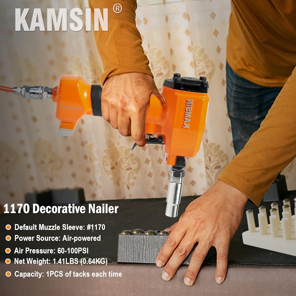 KAMSIN 1170 Cloueuse décorative pneumatique avec panneau de charge et manchon remplaçable, pistolet à clouer à air pour clous de tapisserie, épingles de tapisserie : Bricolage