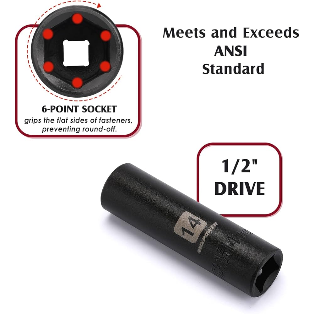 MIXPOWER Lot de 49 douilles à choc 1/2" profondes/peu profondes, (8 mm-32 mm), CR-V, métrique, comprend des barres d'extension, des adaptateurs, un joint universel à impact : Bricolage