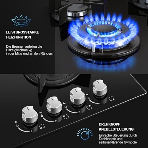 TopStrong Plaque de cuisson gaz 4 feux verre noir