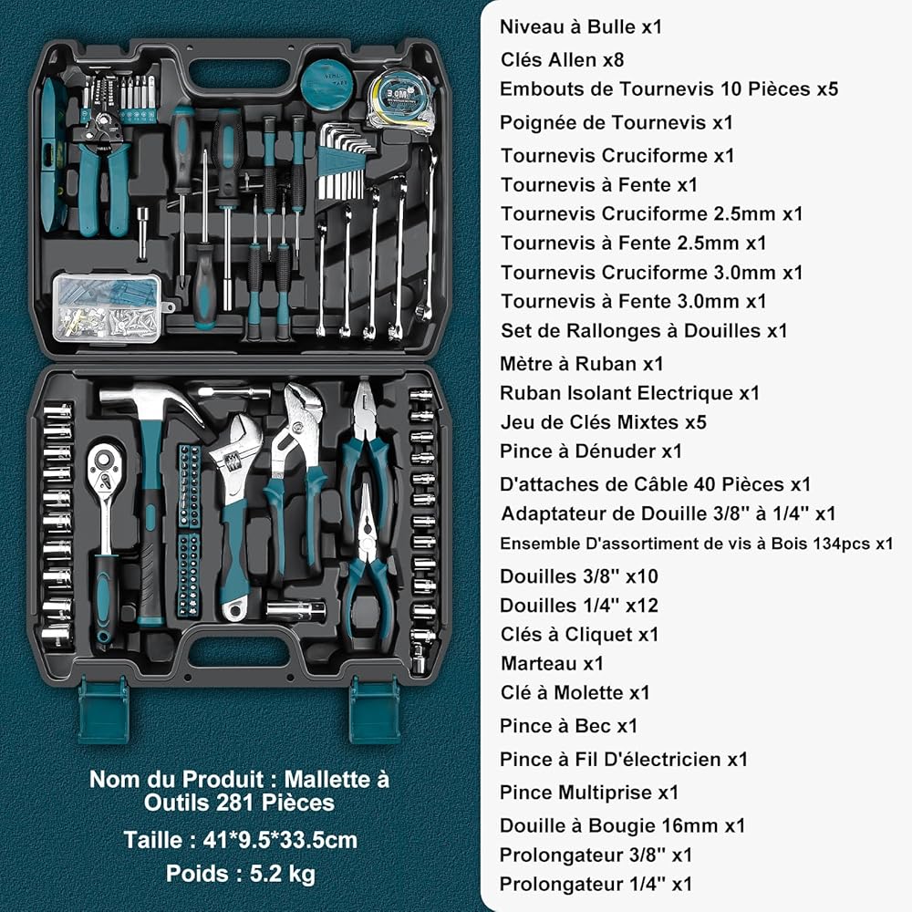 Sundpey Boite a Outils Complete 281 pièces - Caisse a outil pour Hommes et Femmes Malette Outils Complet Avec Ensemble de Clés à Douille Ensemble de Tournevis Clé Hexagonale Métrique Pinces : Bricolage