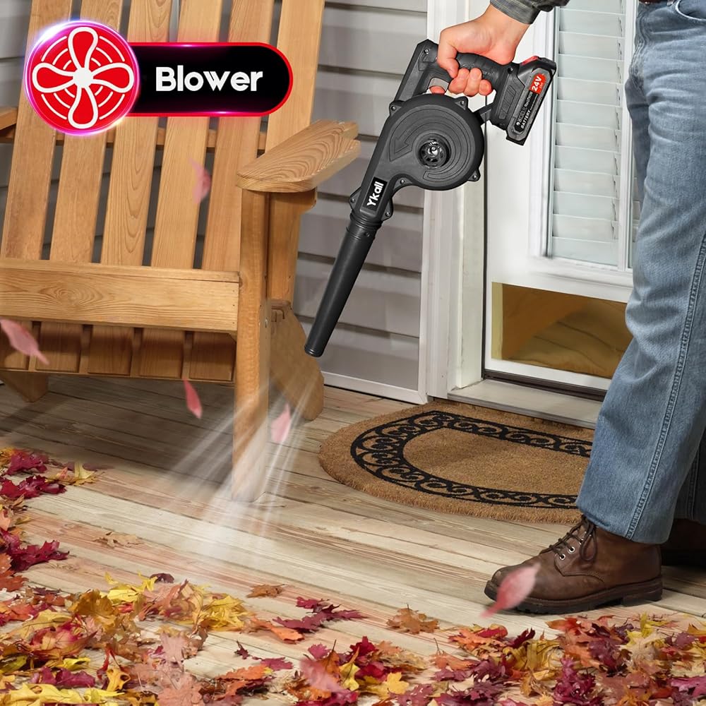 Ykall Souffleur à feuilles électrique sans fil 24 V avec 2 batteries et chargeur, souffleur puissant pour jardin, terrasse, garage, poussière, neige et poils d'animaux (noir) : Jardin