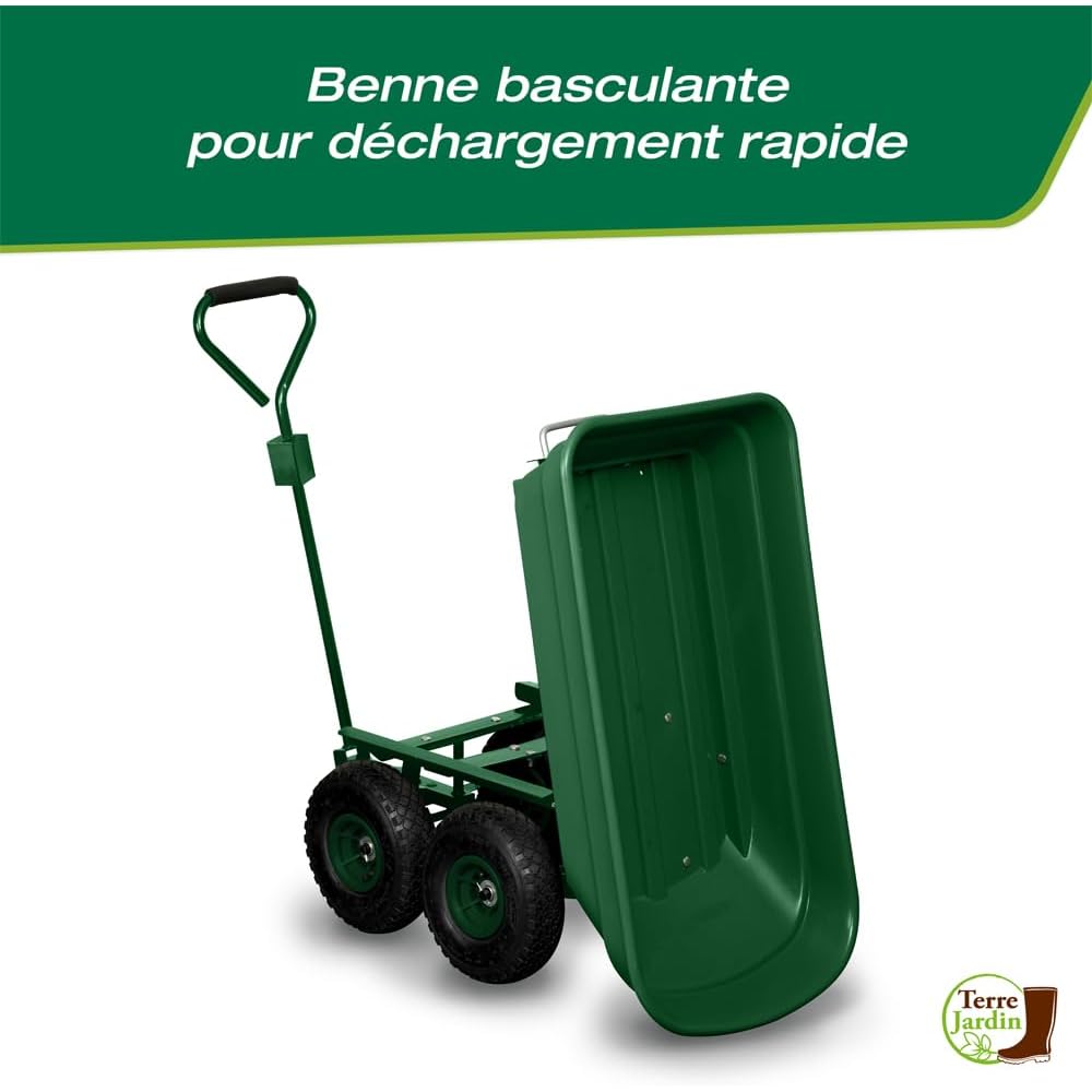 Chariot de jardin 4 roues 120 kg benne basculante 52 L avec fonction brouette et attelage pour tracteur tondeuse