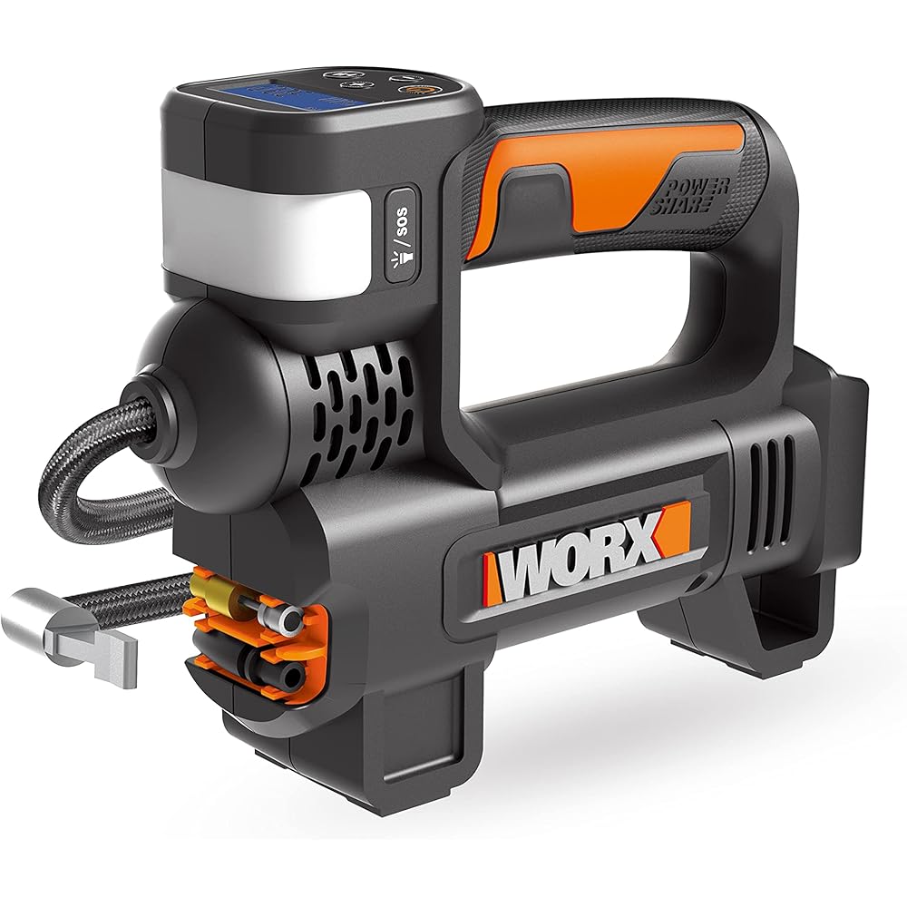 WORX Compresseur à Air multifonction sans Fil 20V WX092.9, 150 PSI, pompe à vélo, mini-compresseur électrique, Outil 4 en 1, Projecteur LED, Facile à Transporter, Livré sans Batterie ni Chargeur : Bricolage