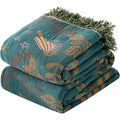 HOORDRY Couverture tissée 100 % coton avec franges, couvre-lit boho double face, 200 × 230 cm, bleu/beige, noble et douillet pour regarder la télé, plaid de fauteuil, couverture réversible : Cuisine et Maison