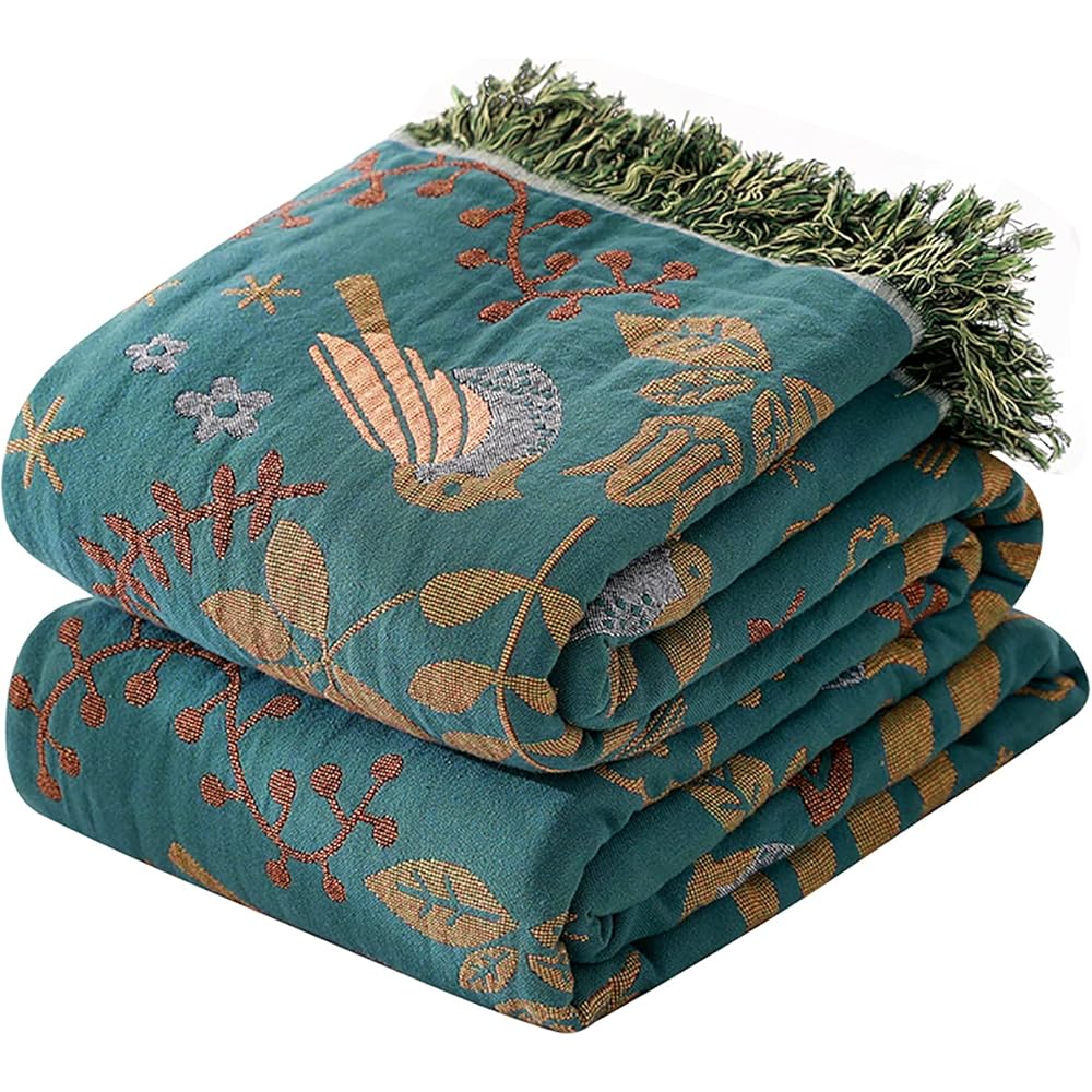 HOORDRY Couverture tissée 100 % coton avec franges, couvre-lit boho double face, 200 × 230 cm, bleu/beige, noble et douillet pour regarder la télé, plaid de fauteuil, couverture réversible : Cuisine et Maison